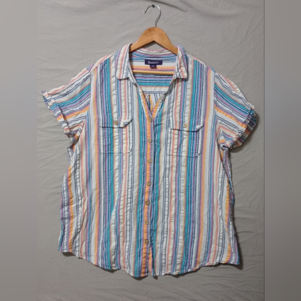 Roman's Multicolor Rainbow Striped Women's Button Down Top Sz 22W Boho Vacation